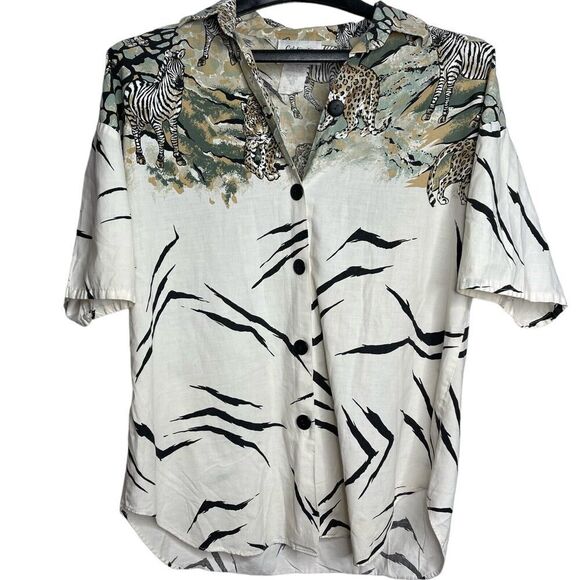 Vtg Carolina Connections Shirt Top 14 Plus Zebra Print Button Up Safari Animals - Picture 1 of 7
